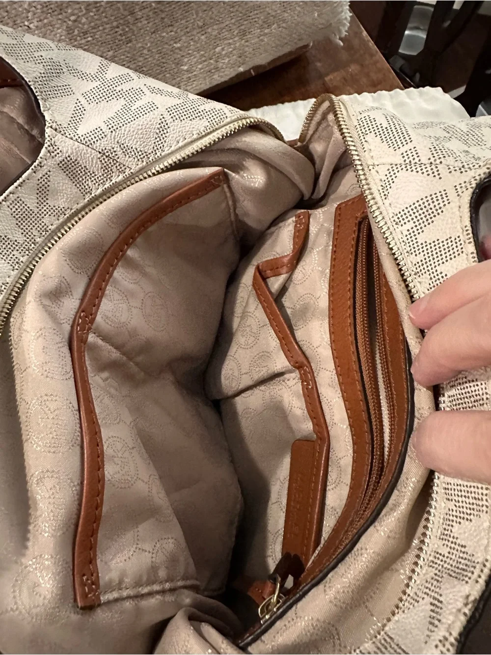 Michael Kors Cream MK Monogram Tote with Brown Trim